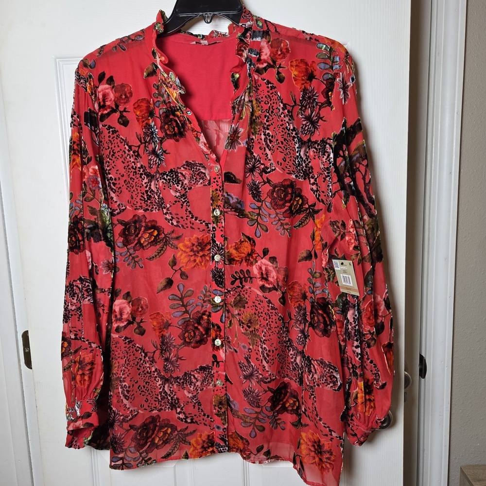 John Mark sz 2X floral velvet sheer button up tunic NWT wearable art statement